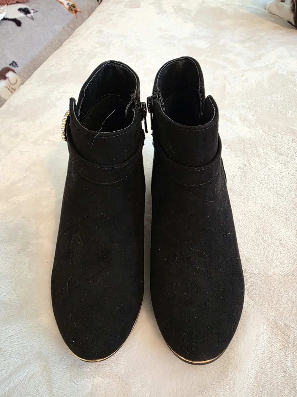 Black Children's Place Ankle Boots with Decorative Rhinestone Ring